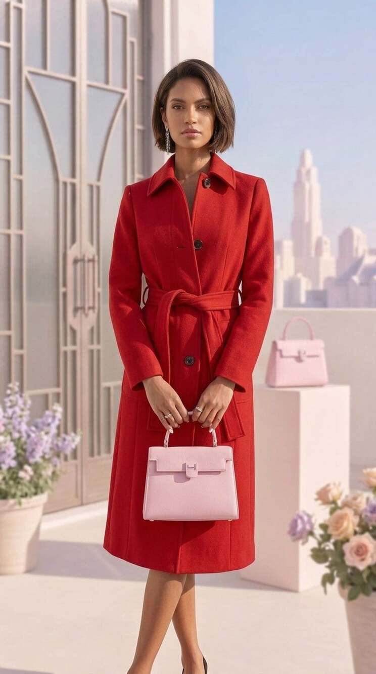 Vintage Red Wool Belted Long Trench Coat